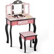 Matladin Kids Vanity Table and Chair Set with Leopard Print, Tri-Fold Mirror & Lights, Girls Vanity, Princess Makeup Desk for Girls