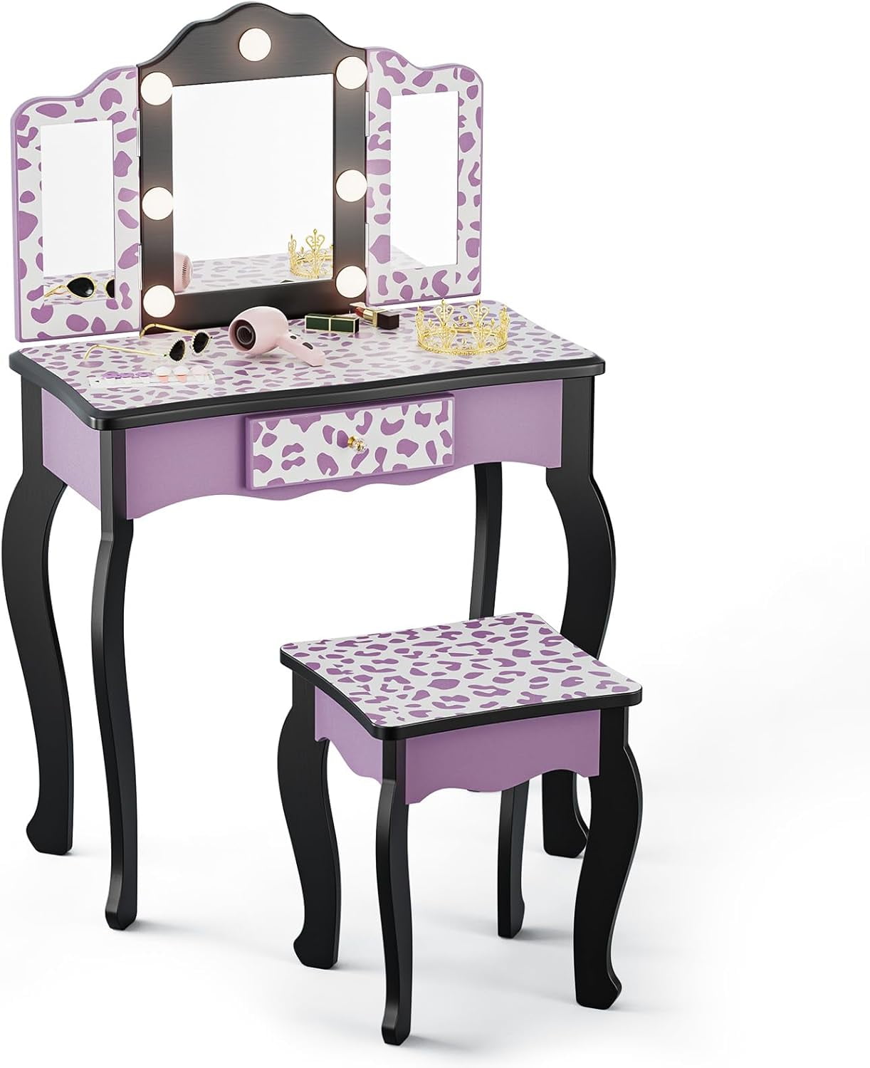 Matladin Kids Vanity Table and Chair Set with Leopard Print, Tri-Fold Mirror & Lights, Girls Vanity, Princess Makeup Desk for Girls