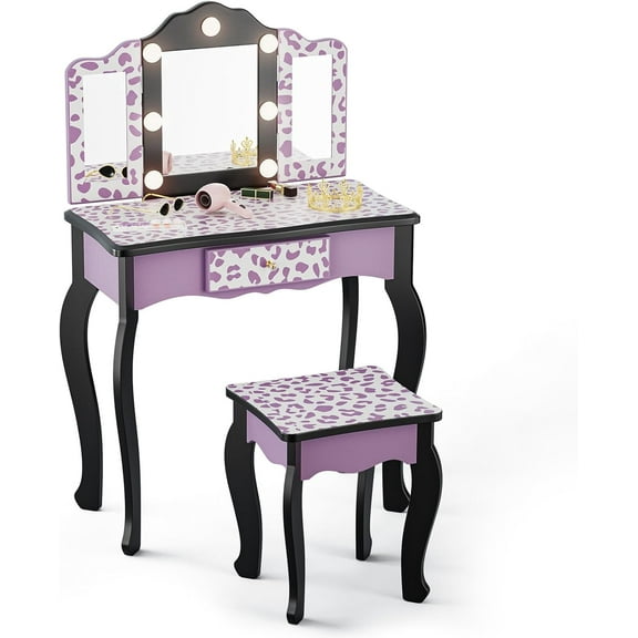 Matladin Kids Vanity Table and Chair Set with Leopard Print, Tri-Fold Mirror & Lights, Girls Vanity, Princess Makeup Desk for Girls