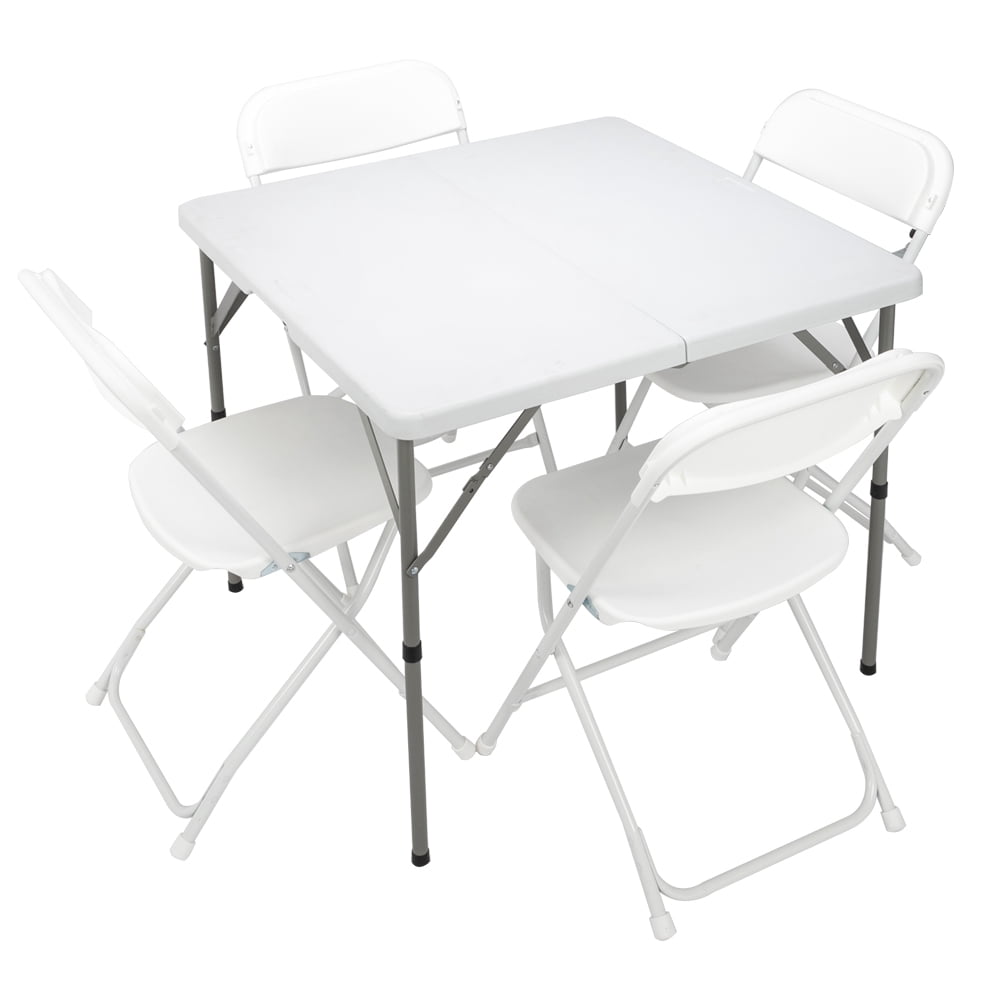 ROVSUN Outdoor Folding Table and Chairs Set, 34 inch, Folding Table with 4 Plastic Folding Chairs, Sturdy for Outdoor, Home, Kitchen, White, 5 Pieces Set