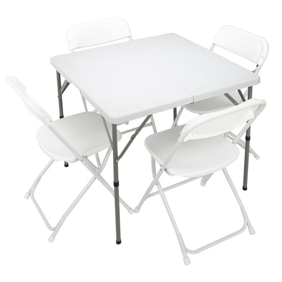 Matladin Outdoor Folding Table and Chairs Set, 34 inch, Folding Table with 4 Plastic Folding Chairs, Sturdy for Outdoor, Home, Kitchen, White, 5 Pieces Set