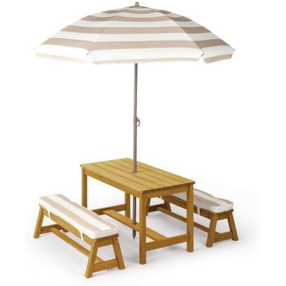 Matladin Outdoor Kids Picnic Table Outdoor with Adjustable Umbrella, Wooden Picnic Table Set with Removable Cushions for Patio, Garden, Indoor