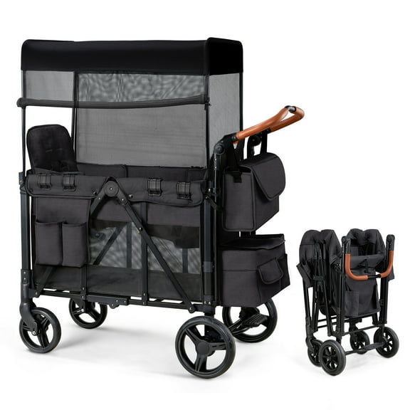Matladin Wagon Stroller for 2 Kids, Foldable All-Terrain Wagon for Toddler with Canopy, Shoulder Bag, Black
