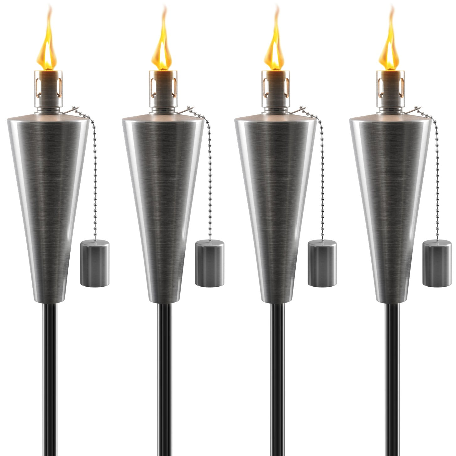 Matney Stainless Steel Torches for Outside - 5 ft - Set of 4- Outdoor Torches - Patio Garden & Yard Lights - Oil Lamp for Citronella - Fiberglass Wick & Snuffer Cap - (Cone)