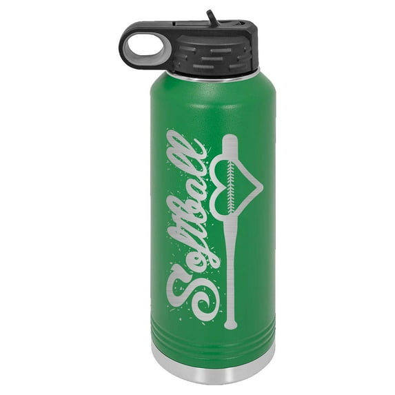 Mato & Hash 32oz Softball Laser Engraved Water Bottle Green LASLWB215 Softball S1