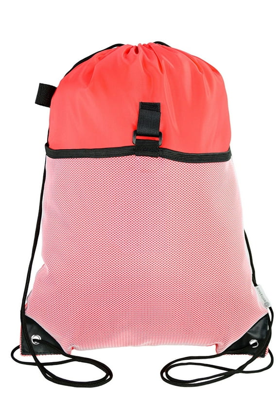 Drawstring Cinch Bag Backpack With Mesh Pocket Polyester Tote Sack - Red CA2600