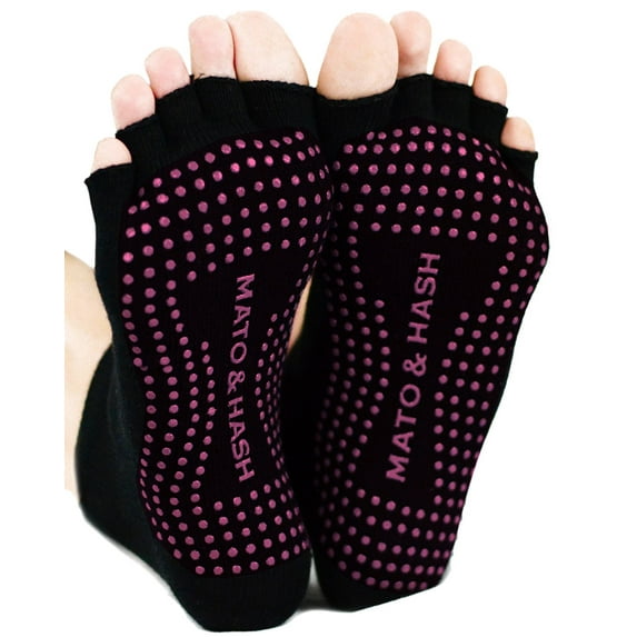 Mato & Hash Toeless Half Toe Yoga Socks With Grip - 3PK Black/Radiant Orchid CA7200 M/L