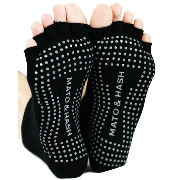Mato & Hash Toeless Half Toe Yoga Socks With Grip - Black CA7200 M/L