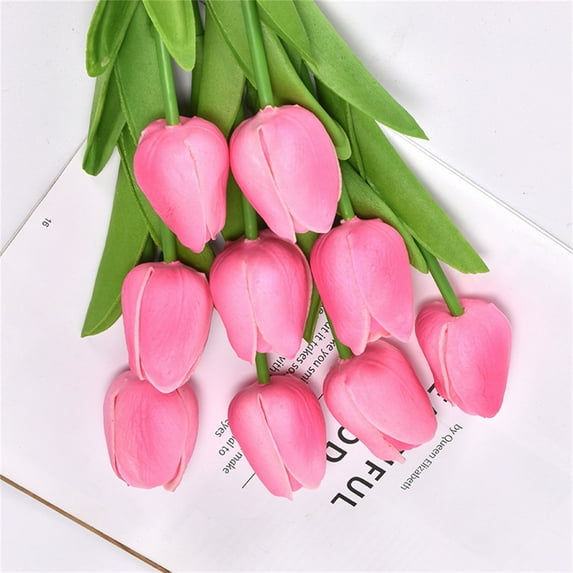Matoen 10Pcs PU Tulips Artificial Flowers, Real Touch 14" Silk Flower for Home Kitchen Decor Wedding Bouquet Decorations Office Floral Arrangements(Pink)