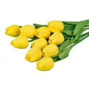 Matoen 10Pcs PU Tulips Artificial Flowers, Real Touch 14" Silk Flower for Home Kitchen Decor Wedding Bouquet Decorations Office Floral ArrangementsYellow