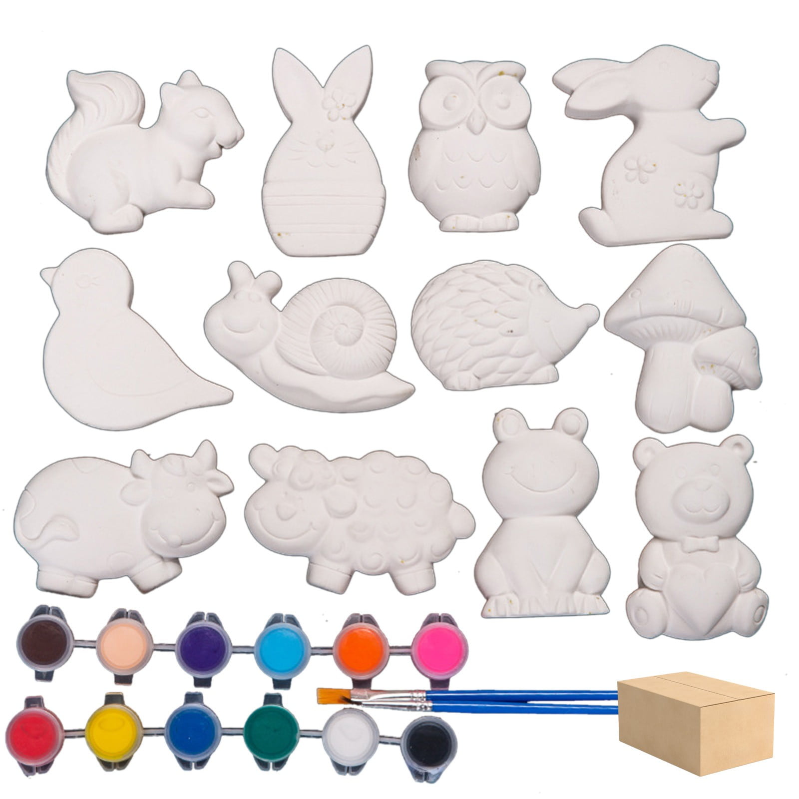 Matoen 12 Sets Animal Kids Arts and Crafts Set Ceramic Painting Kit Unpainted Paintable Ceramics with 12 Pigments 2 Brushes, Paint Your Own DIY Ceramic Figurines for Toddler Boys Girls