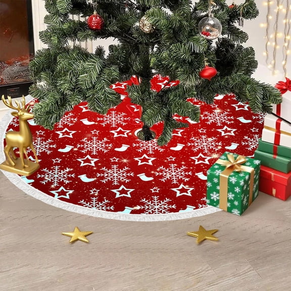 Matoen 35 Inch Christmas Tree Skirt, Round Festive Snowflake Design Tree Bottom Cover for Xmas Party Home Decor, Durable Cloth Mat for Xmas Wedding Party Living Room