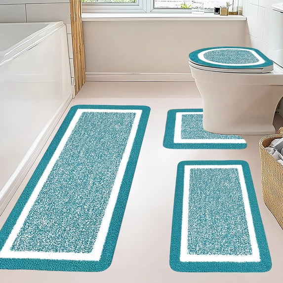 Matoen 4-Piece Microfiber Shaggy Bath Rug Mat Set - Non-Slip Plush Absorbent Shower Mats with U-Shaped Toilet, Ultra Soft Carpet Mats for Bathroom, Tub, Shower, Ideal Gift Set (Blue)