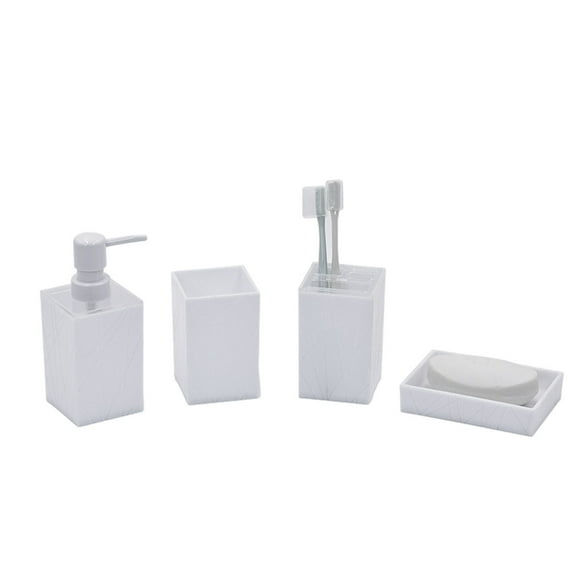 Matoen 4 Piece Plastic White Bathroom Accessory Set with Soap Dispenser Pump, Toothbrush Holder, Tumbler and Soap Dish