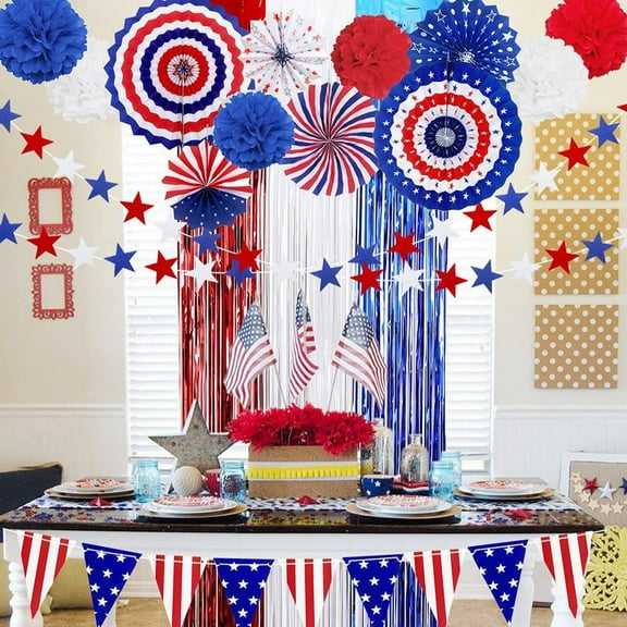 Matoen 4th of July Patriotic Decorations Set, Red White Blue Paper Fans, USA Flag Pennant, Star Streamer, Pom Poms, Hanging Swirls Party Decor Supplies