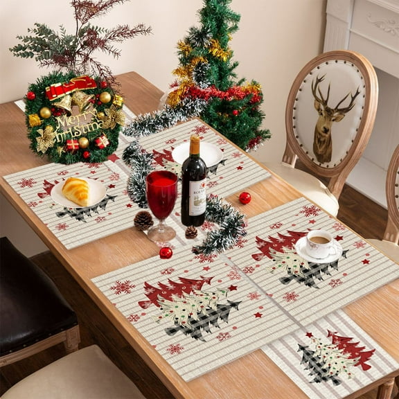 Matoen 5-Pack Christmas Table Runner & Placemats Set, Linen Print Holiday Dining Decor, Festive Table Mat for Party, Restaurant, Insulation Mats Polyester