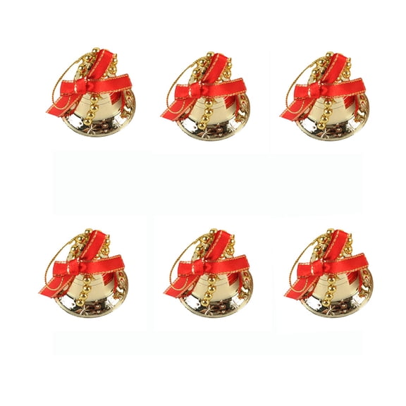 Matoen 6 Pieces Christmas Jingle Bells with Ribbon Metal Cutout Craft Bells Hanging Ornaments for Christmas Tree Xmas Decoration, Red Green White, 1.38”