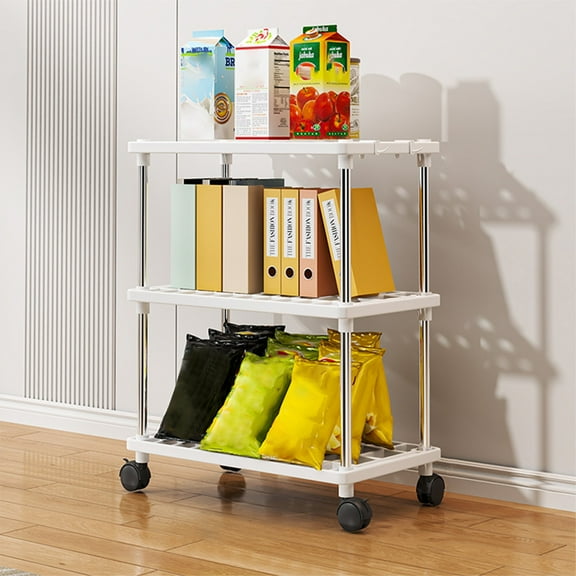 Matoen Adjustable 3-Tier Large Floor Shelving Unit - Mobile Storage Cart for Kitchen, Bathroom & Pantry Organization - Heavy Duty Snack & Supply Rack on Wheels (White)