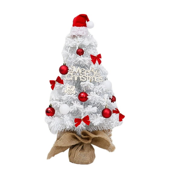 Matoen Artificial Mini Christmas Tree, 18 Inch Snow Flocked Artificial Pine Xmas Tree with LED Lights, Desktop Christmas Tree Burlap Base