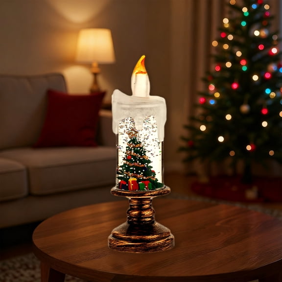 Matoen Battery Operated Flameless Candle with Rotating Waterfall Sparkle, Snow Globe Light for Christmas Home Decor, Plastic Waterproof LED