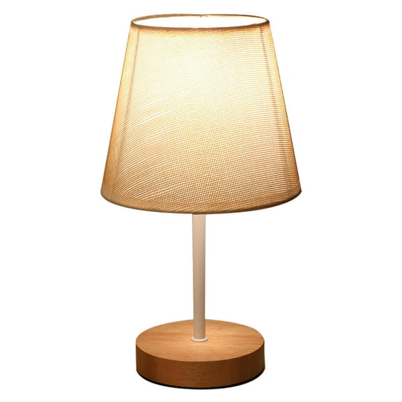 Matoen Bedside Table Lamp for Bedroom Nightstand, Small Lamp Plugged in, Wood Base Round Flaxen Fabric Shade for Living Room, Office
