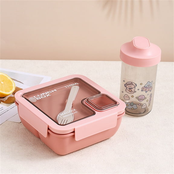 Matoen Bento Box Adult Lunch Box Portable Plastic Partition Integrated Multi-functional Light Food Bento Box with Cup, Pink 6.7"x6.7"x3.5"