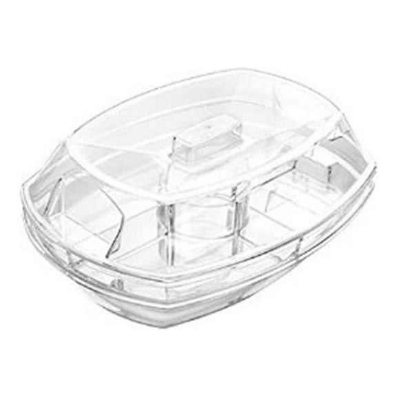 Matoen Chilled Serving Tray, 15 Inch Clear Plastic Party Platter with 4 Compartments, Ice Serving Bowl with Lid, Shrimp Cocktail Serving Dish, Cold Food Party Server