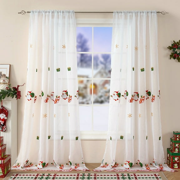 Matoen Christmas Curtains Santa Claus Embroidered Window Screen Rectangular Polyester Decorative Fabric for Xmas Home Decor 84.25 x 51.18 inches