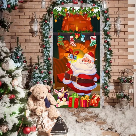 Matoen Christmas Door Hanging Fabric Flag Outdoor Indoor Decoration with Santa Claus and Puppy Background for Holiday Photo Backdrop Polyester 185x90cm