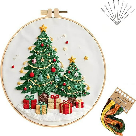 Matoen Christmas Embroidery Kit DIY Craft with European Floral Hoop Art, Beginner-Friendly Supplies & Instructions, 20cm Frame Included