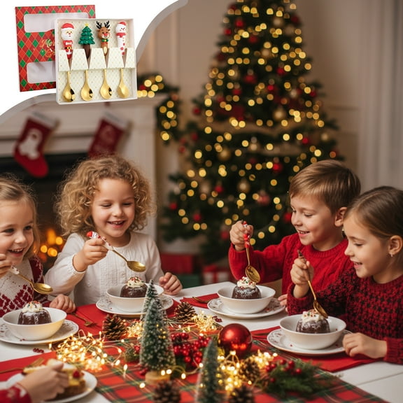Matoen Christmas Holiday Stainless Steel Spoon and Fork Cutlery Set, Festive Utensil Gift Set for Dessert, Santa Reindeer Snowman Design