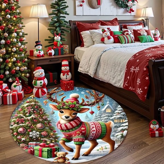 Matoen Christmas Round Floor Mat with Reindeer Santa Snowy Scene, Polyester Circular Rug for Living Room Doorway Holiday Decor, Multi-Size