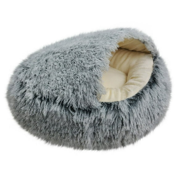 Matoen Dog Bed Round Hooded Plush Cat Cave Donut Anti Anxiety Fluffy Dog Bed for Small Medium Dog and Cat