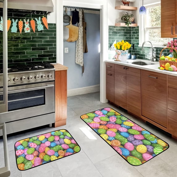 Matoen Easter Colorful Eggs Happy Easter Kitchen Mats Set of 2, Spring Home Decor Low-Profile Kitchen Rugs for Floor - 16x24 and 16x47 Inch