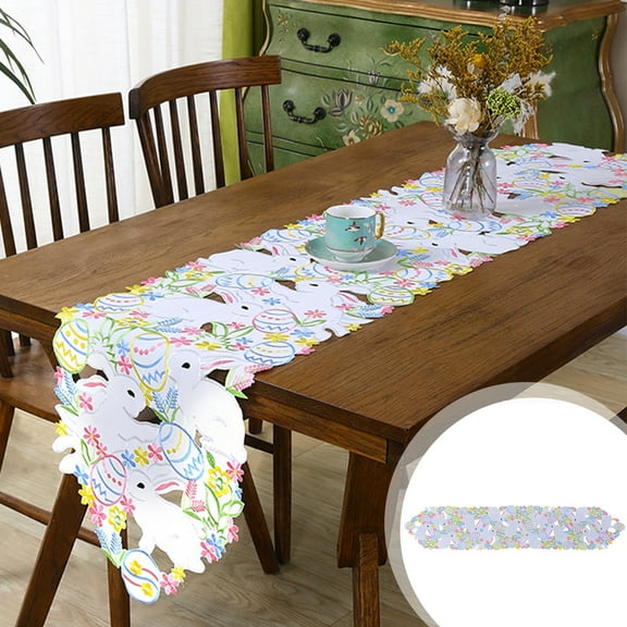 Matoen Easter Table Runner 69.2inches Long, Embroidered Plaid Bunny Table Runner, Easter Spring Rabbit Floral Butterfly Egg Table Runner 69.2x15 Inch for Easter Dining Table Decorations