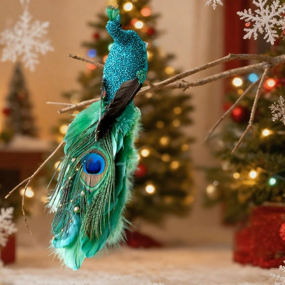 Matoen Faux Peacock Ornament with Colorful Feathers for Christmas Tree Decor, 34.5x14cm Realistic Foam Branch Decoration for Indoor Outdoor Festive Décor