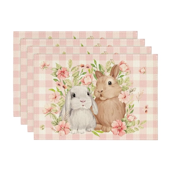 Matoen Floral Bunny Rabbit Easter Placemats Set of 4, 12x18 Inch Seasonal Spring Table Mats for Party Kitchen Dining Decoration