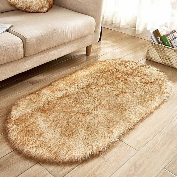Matoen Fluffy Bedroom Rug, Yellow Small Rug for Bedroom, Oval Shaggy Bedside Carpet 20"x31.5" Cute Rug for Dorm Kids Room Nursery Home Decor