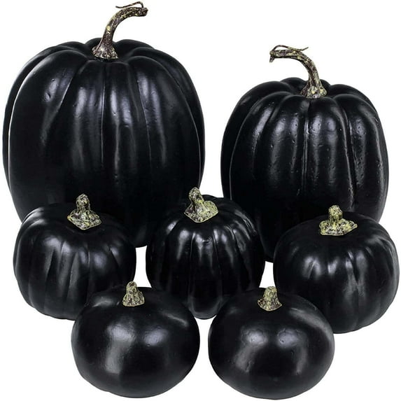 Matoen Halloween Black Plastic Pumpkins for Decorating - 7Pcs Decorative Plastic Pumpkins for Fall Decor, Artificial Plastic Pumpkins Perfect for Halloween Decor Thanksgiving Table Decor