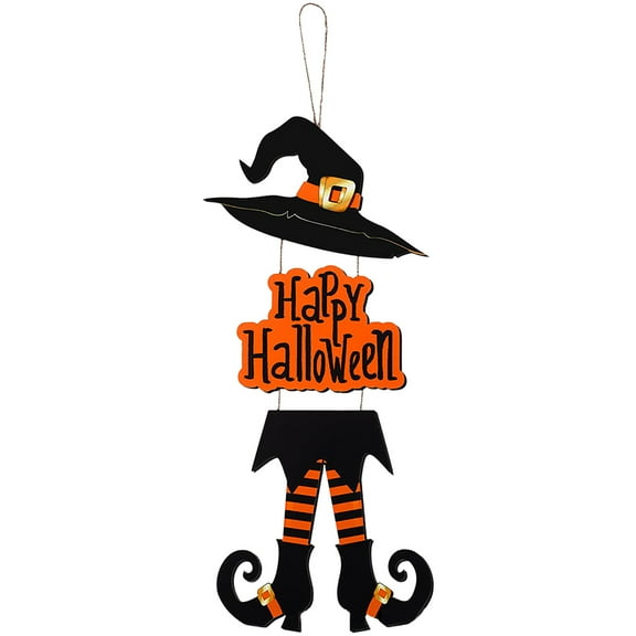 Matoen Halloween Witch Legs Decorations Happy Halloween Door Welcome Hanging Sign Rustic Wooden Door Hanging Decor for Tree Topper Wreaths Crafts