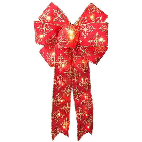 Matoen LED Red Bows Christmas Decorations Big Wired Linen Bow with LED Lights for Wreaths, Outdoor, Tree Topper (9.1x14.7 inch)