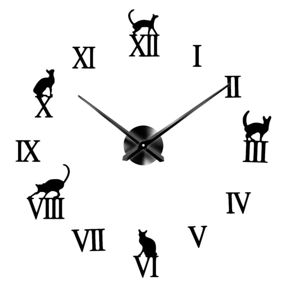 Matoen Large 3D DIY Wall Clock, Giant Roman Numerals Clock Cute Cat Frameless Mirror Sticker Wall Clock Home Decoration for Living Room Bedroom(Silver)
