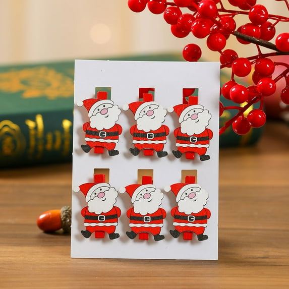 Matoen Mini Christmas Wooden Clips 6Pcs, Christmas Photo Clips, Christmas Tree Clothespins with Ropes for Christmas Hanging Photos and Party Decorations