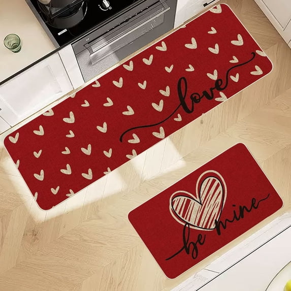 Matoen Red Love Heart Valentine's Day Kitchen Mats Set of 2, Home Decor Low-Profile Kitchen Rugs for Floor - 15.7x23.6 and 15.7x47.2 Inch