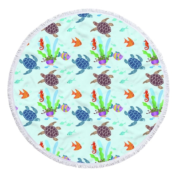 Matoen Round Beach Towel Microfiber Oversized Sea Turtle Circle Beach Blanket with Tassels Soft Thick Beach Throw Bath Pool Towel Meditation Mat 61 Inch