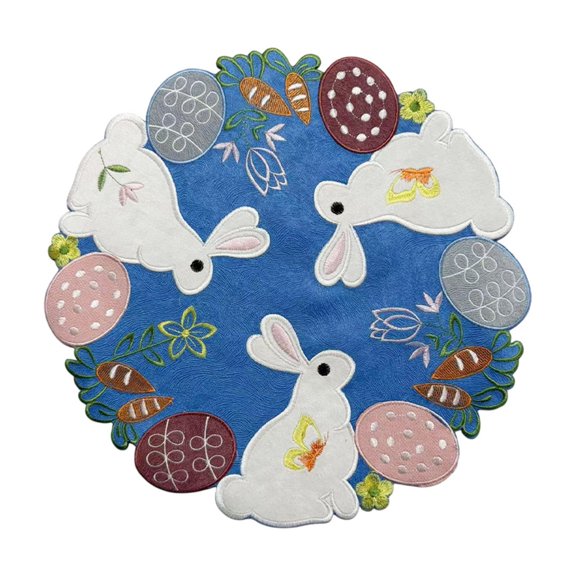 Matoen Spring Easter Round Placemats with Cutwork Embroidered Bunny and Colorful Eggs, Home Spring Holiday Table Decor (Round 14 inches)