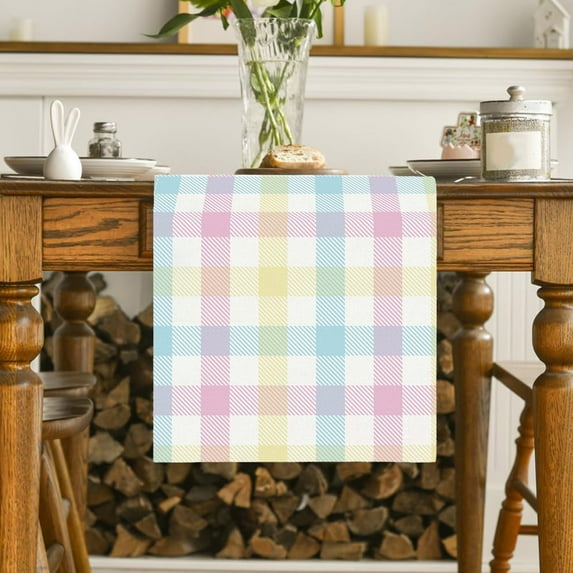 Matoen Spring Summer Easter Tablecloth Rectangle Table Cloths 70.8x13Inch Watercolor Buffalo Check Plaid Table Cover Spill Proof Table Covers for Kitchen Party Dinner Tabletop Decoration
