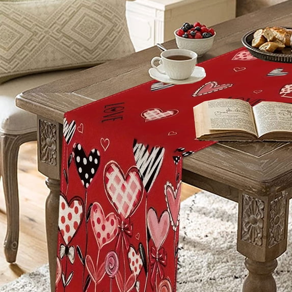 Matoen Valentine's Day Heart Table Runner 72 x 13 Inch Decorations, Red Linen Table Cover for Romantic Special Night, Anniversaries, Engagement, Kitchen Dining Fireplace Mantel Decor