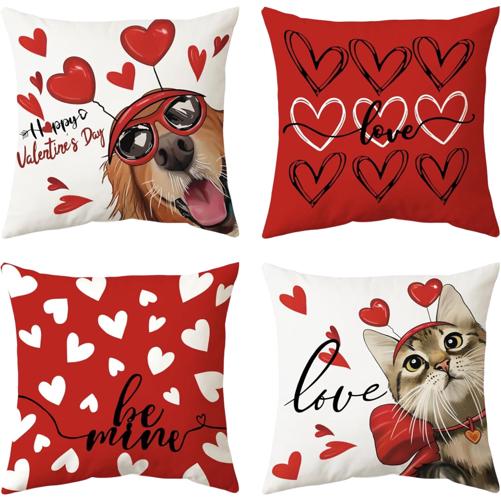 Valentine's Day Red and White Linen Throw Pillow Covers Set of 4