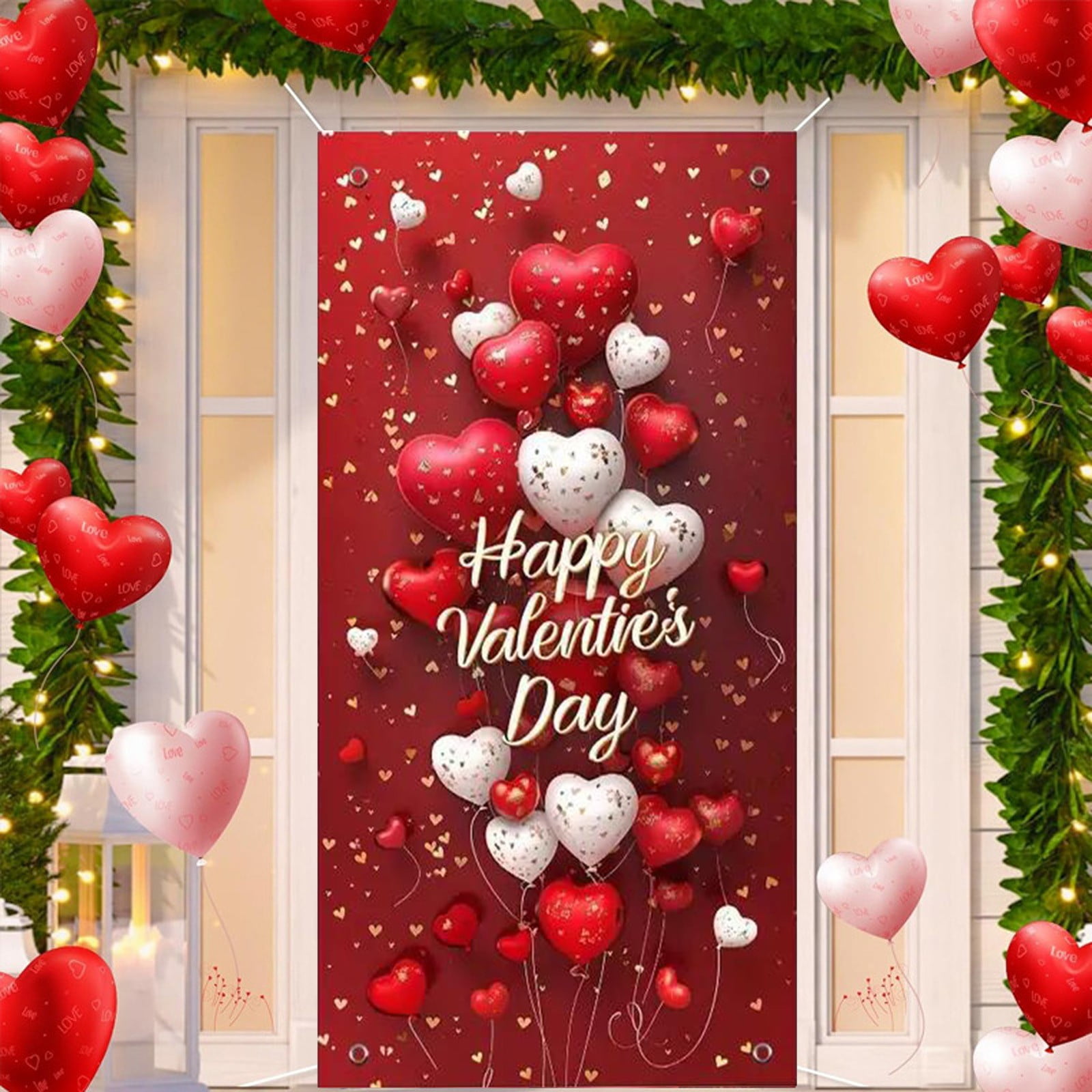 Avezano Valentine's Day Door Banner - Pink Conversation Hearts, 71" X 35" Polyester, With Hanging Rope